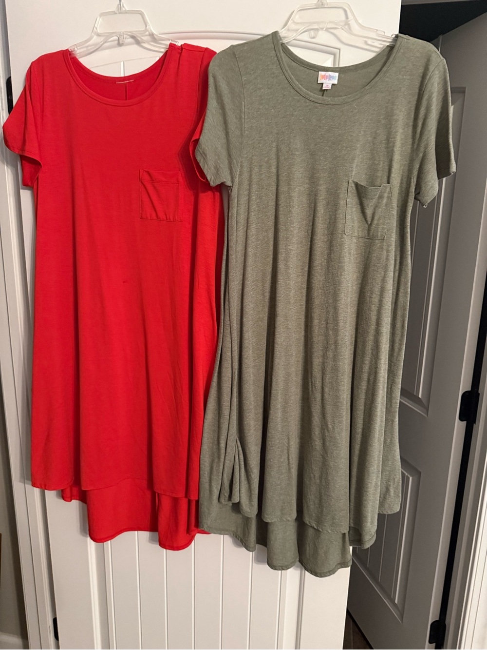 LuLaRoe Olive Green and Red Carley Dresses. Ladies size medium